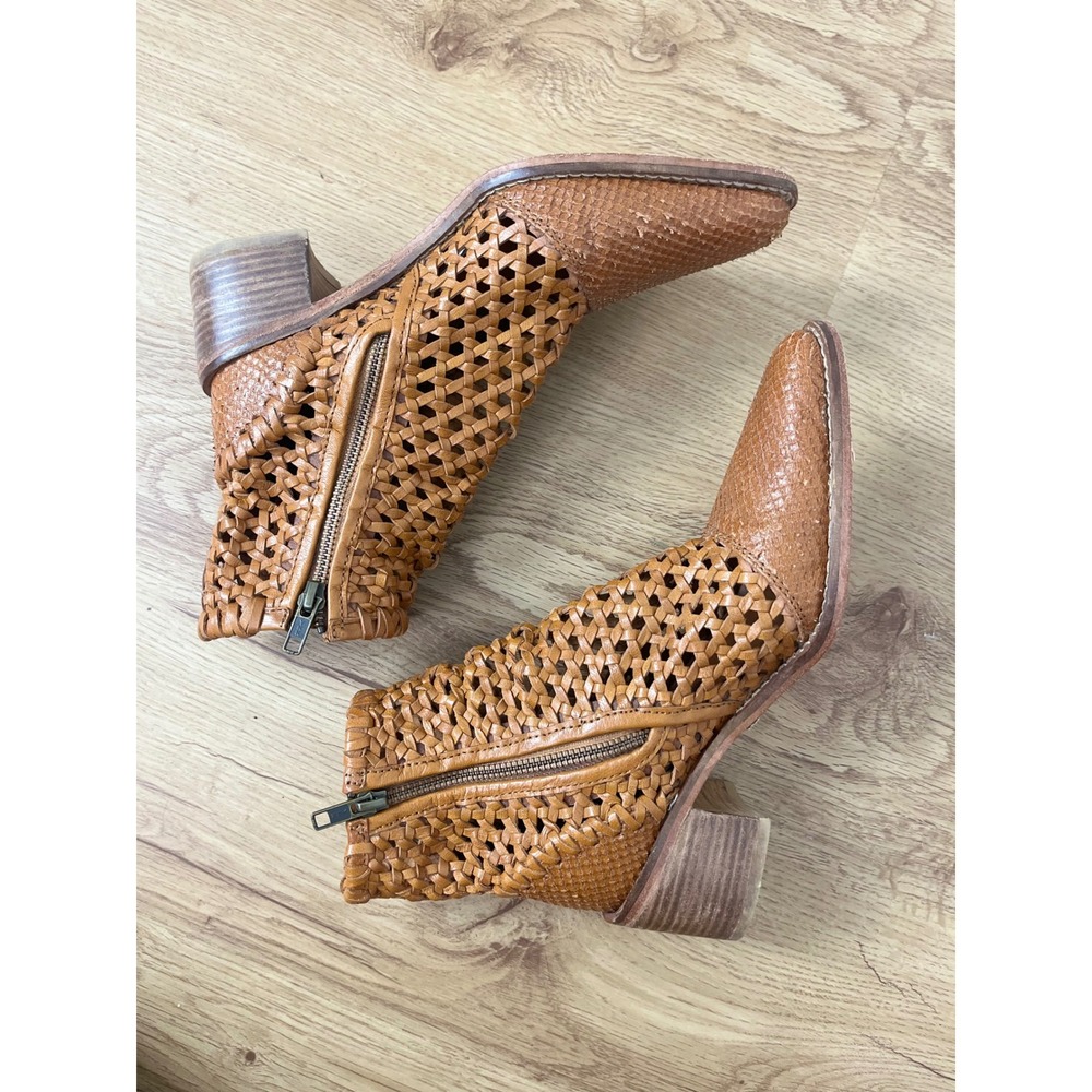 Free People Boho Woven Leather Ankle Boots Women 37 Tan Pointed Toe‎ Block Heel - Picture 8 of 12